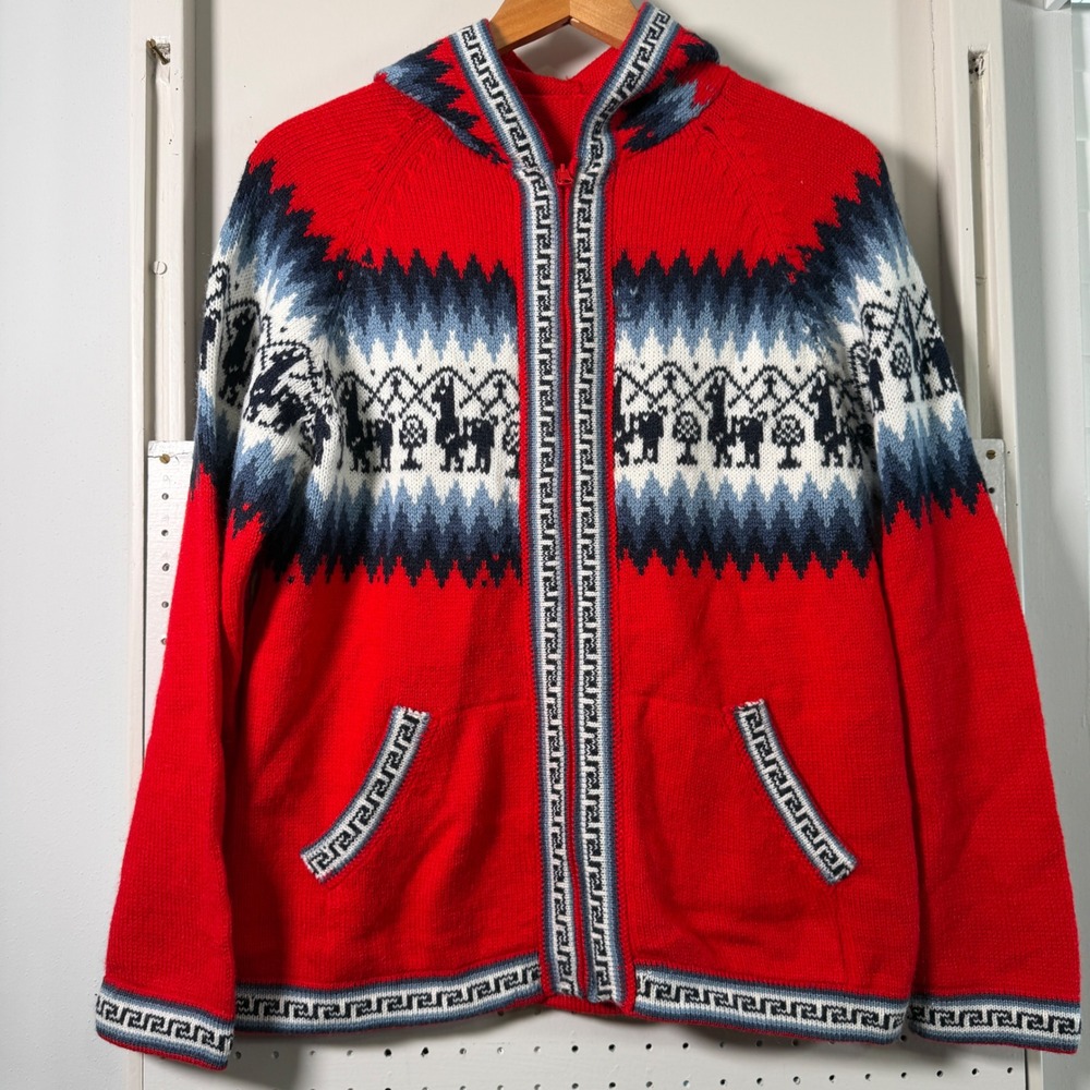 Vintage Red Wool Blend Llama Intarsia Knit Full Zip Hooded Sweater Mens Medium
